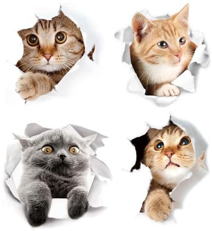 EUYKQNOI 4 Stück 3D Katzen Aufkleber Selbstklebend - Extra Dicke Wandsticker für Badezimmer, Kühlschrank & Auto - Realistische Katzen Wandtattoo, Abziehbar & Wasserdicht