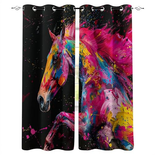 Generisch thermovorhang kälteschutz 160X200cm(HxB) Buntes Pferd Vorhang Blickdicht Bedruckter Ösenschal aus Polyester – verdunkelnd und dekorativ für Wohnzimmer A167