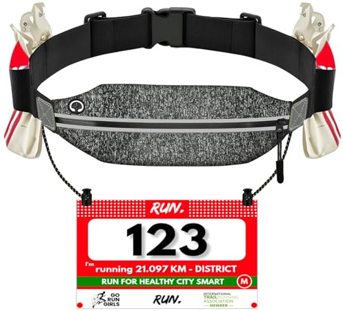 Vicloon Laufgürtel für Handy, Schwarze Leichte Lauftasche,Triathlon Startnummernband Laufgurt, Laufgürtel mit Kopfhöreranschluss und Nummernhalter&6 Gel-Halter für Joggen Marathon,Grau