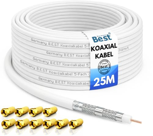 Koaxialkabel 25m SAT Kabel Antennenkabel 135dB Class A+ + 10x F-Stecker