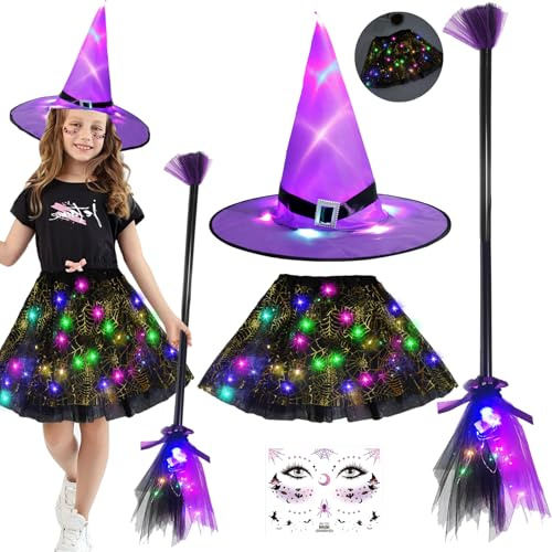 LUKIUP 4 PCS Leuchtende Hexen Kostüm, Tutu Tüllrock, Hexenkostüm kinder, Halloween Hexenkostüm kinder, für 3-12 Jahre Mädchen COSPLAY Halloween und Karnevals Partys