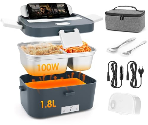 Dreamhigh® 100W Fiambrera Electrica Comida Trabajo 1.8L, Fiambrera Termica a Prueba de Fugas con Bolsa Tenedor y Cuchara, 12V/24V/220V Loncheras de Trabajo, para Oficina de Camiones
