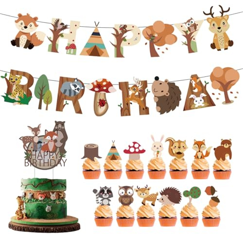 15 Pezzi Banner di Compleanno Degli Animali del Bosco, Decorazione di Compleanno Degli Animali Della Foresta, Banner Ghirlanda Happy Birthday, Decorazione per Torta