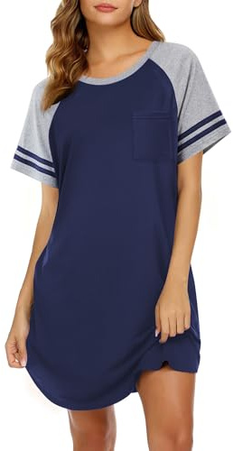 Ekouaer Nightgowns for Women Color Block Sleep Shirt Short Sleeve Sleepwear | Crew Neck Night Shirt, Ladies Night Dress, Soft Boyfriend Lounge Dress, Comfy Loungewear for Sleep, Casual Daily Wear, Sport