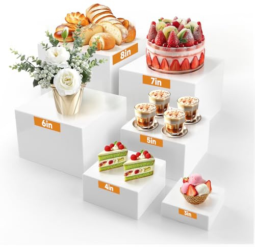 Neulriscn Buffet Risers, 6 Pcs Acrylic Display Stands for Food, Catering, Dessert, Cake, White Display Boxes Cube Nesting Risers with Hollow Bottoms for Jewelry, Collectibles, 3/4/5/6/7/8 inches