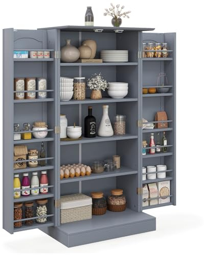 GOPLUS Armario de Cocina, Mueble Auxiliar Cocina con 2 Puertas y 17 Estantes, Armario Despensa Cocina con Protección Basculante para Comedor, Sala de Estar (Gris)