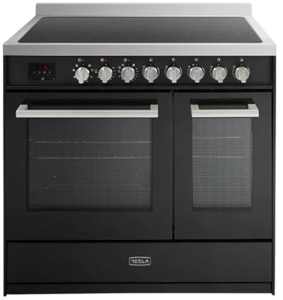 Tesla Electric Cooker - Freestanding Black, A/A Energy, 5-Zone Ceramic Hob, 90cm Double Cavity, 63L & 36L Ovens, Easy Clean Enamel, LED Timer, (T90DCRCB)