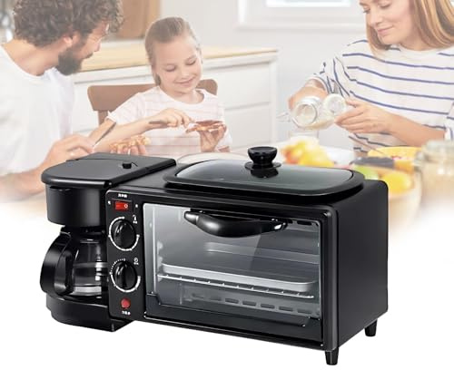 Macchina Colazione 4 in 1 Con Mini Forno 7L, Macchina Caffè 4 Tazze, Piastra Antiaderente E Tostapane, Ideale per Studenti, Famiglie E Viaggi in Camper