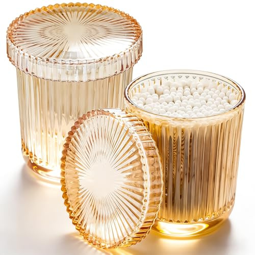 RINEENOM Glass Qtip Dispenser 2 Pack, Clear Bathroom Storage Organizer for Cotton Swabs, Balls, Pads & Floss Picks, Vanity Makeup Essential Accessories (Amber)