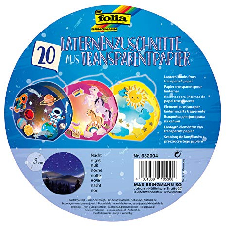 folia 682004 - Laternenzuschnitte Nacht, aus Transparentpapier 115g/m² für Rundlaternenrohlinge, Ø 16,8 cm, 20 Stück, zum Basteln von individuellen Laternen