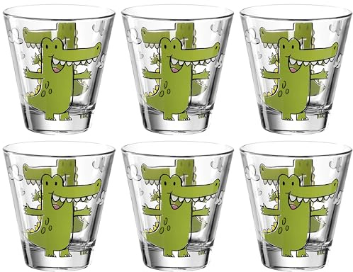 Leonardo Bambini Trink-Glas 6er Set, Kinder-Becher aus Glas mit Tier-Motiv Krokodil, spülmaschinengeeignete Saft oder Wasser Gläser, 215 ml, 017900