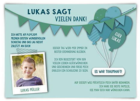 10 x Dankeskarten zur Einschulung individuell mit Text und Foto DIN A6 148x105mm - Fahnen Girlande in Blau