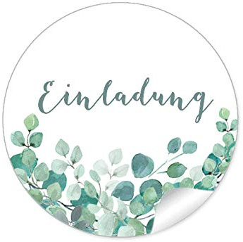 24 STICKER Einladung Etiketten als Siegel EUKALYPTUS ZWEIGE GRÜN MINT WEIß für Briefumschläge Anhänger oder Postkarten zur Hochzeit Geburtstag Taufe, 4 cm, rund, matt