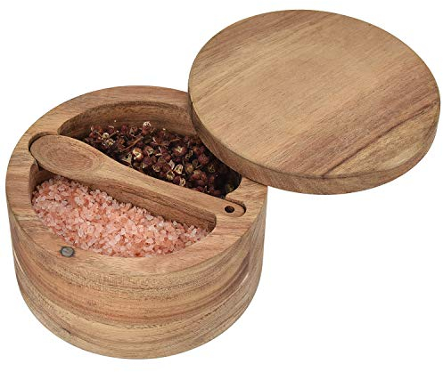 Rissetree Acacia Wood Salt and Pepper Cellar with Swivel Magnetic Lid Serving Spoon inside 2-Compartment for Storing Salt,Herbs,Spices