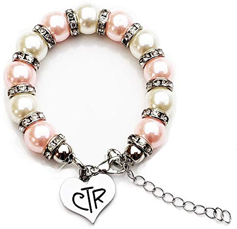LDS Baptism Gift, CTR Charm Bracelet, Pink and White Faux Pearls with Crystals, Choose The Right Gifts for Girls, Presents From Grandma, Mom, Aunt, Uncle, Granddaughter Daughter Present, Baptize Birthday Communion Jewelry