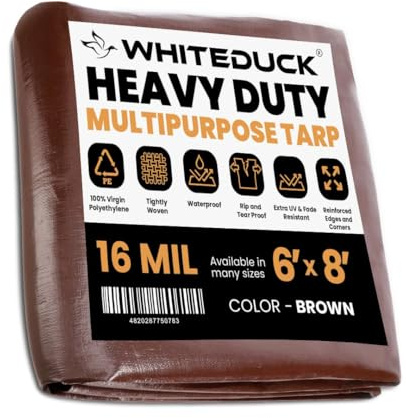 WHITEDUCK Super Heavy Duty Poly Tarp Cover 16 Mil & 10 Mil with Grommets and Reinforced Edges (Brown, White & Silver Black) (Brown- 16 Mil, 6' x 8')