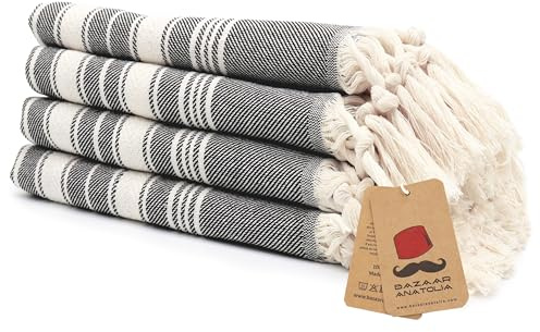 Bazaar Anatolia Hand Towels - Set of 4 | 39 x 19 - Decorative Turkish Hand Towel for Bathroom, 100% Cotton, Kitchen, Face, Hair, Tea, Dishcloth, Bathroom Hand Towels - Stripe Black