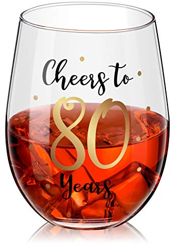 Patelai 80th Stemless Wine Glass Birthday Gift | Birthday Present for Women, Anniversary Party Decoration, Commemorative Keepsake, Gold Printed Milestone Celebration Glass