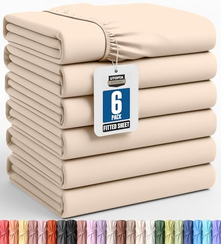 Utopia Bedding Queen-Size-Spannbettlaken – Großpackung mit 6 Bettlaken – weiche gebürstete Mikrofaser – Tiefe Taschen – schrumpf- und lichtbeständig – pflegeleicht (beige)