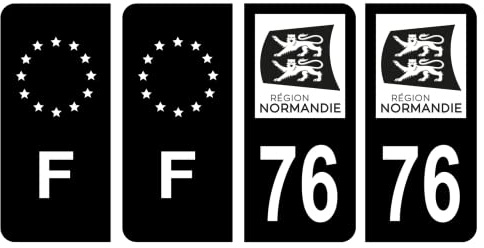 HADEXIA Nummernschild-Aufkleber, französisches Departement 76, Seine-Maritim, Region Normandie, Schwarz und F, Frankreich, 4 Stück