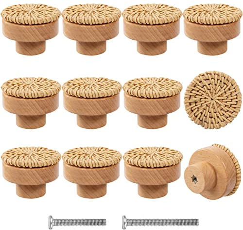 ANPHSIN 12 Pack Boho Wood Dresser Drawer Knobs- Handmade Rattan Woven Cabinet Knobs Pulls Handles with 24 Screws for Home Nursery Furniture