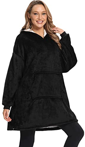 Sweat à Capuche Douce Couverture Pull Sweat à Capuche Chaude Surdimensionnée Grande Poche Couverture TV Flanelle Automne Hiver Garder au Chaud Couverture TV (le noir)