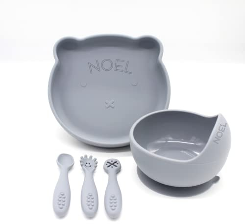 Personalisierte Einchenhorn Erstausstattung Kindergeschirr Set Esslernbesteck Teller Schüssel Besteck Silikon Baby 6 Monate BLW Saugnapf rutschfest (Teller, Schüssel, Besteck, mit Personalisierung)