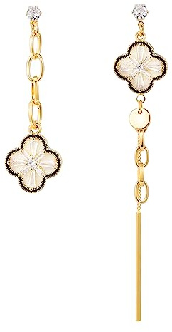 Emibele Boucles d'Oreilles pour Femmes, Pendant d'Oreilles en Forme de Trèfle à Quatre Feuilles en Cuivre Plaqué Or 14K, Clous d'Oreilles Asymétriques avec Tige en Argent Sterling 925, Or