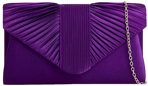 Purple Possum Pochette da donna, in raso, da sera, con pieghe sul davanti, tracolla argentata, per matrimoni, balli studenteschi, Viola, Viola, Medium