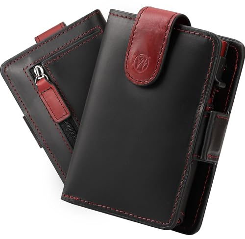 WillFire® MagFlap | Geldbörse Herren | Extra Schlüsselanhänger | Leder Kartenetui für 10-12 Karten | RFID geschützt | Einzigartiger Magnetverschluss | Inkl. Geschenkverpackung [Black/red Glattleder]