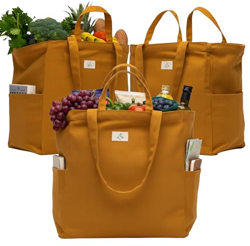 Nook Theory 3-Pack Reusable Grocery Bags - Heavy Duty, Large 12 Oz Cotton Canvas Reusable Shopping Bags With Pockets, 100% Cotton Cloth Grocery Totes, Foldable Multi Compartment (Caramel)