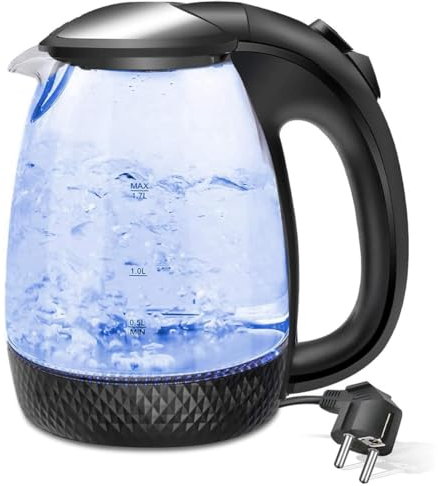 Bollitore acqua elettrico 1.7L, in vetro trasparente, base a 360°, filtro anticalcare rimovibile, 2200 W di potenza (Nero)