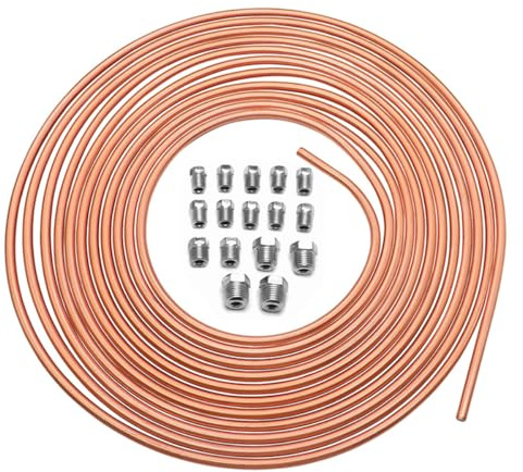 Tiardey Raccords de Tuyau de Frein 25 Pieds avec 16 ?crous Raccords Cuivre Zingué Kit de Conduites de Frein de Remplacement Automobile