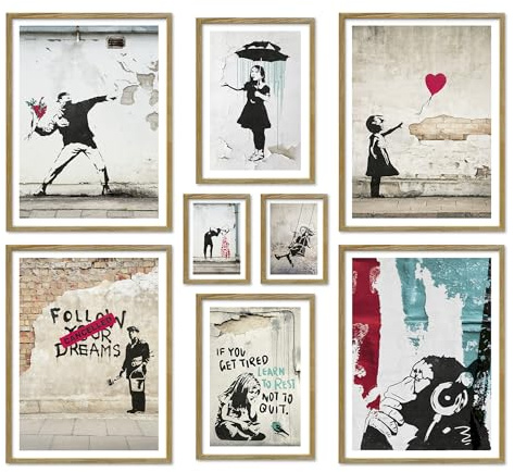ARTFAVES® Poster Set - BANKSY STREET ART - mehrteilige Wanddeko Wohnzimmer - 8 moderne Wandbilder Collage, Girl Balloon, Flower Thrower, Umbrella - mit Rahmen Eiche-Optik