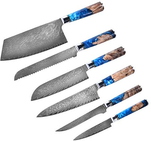 ECLAYA Cuchillos de cocina-Set Damasco Steel 67 capas VG10 CHEF CHEF CUCHILLO AZUL RESOLA Y COLOR HANDER HANGE COCCIÓN (Color : 6 piece set)