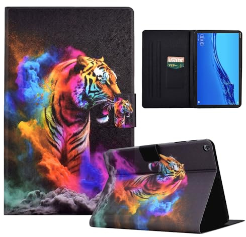 LSPCASA Hülle Kompatibel Huawei Mediapad M5 Lite 10.1 Zoll PU Leder Huawei Mediapad M5 Lite Tablet Hülle mit Kartenfächer undStänder Funktion Schutzhülle - Farbiger Tiger