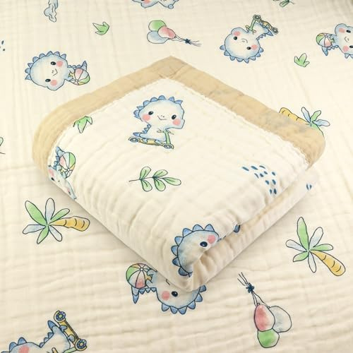 Hivia Musselin Decke 6-lagig 110x105cm 100% Baumwolle Dinosaurier | Weich, atmungsaktiv, leicht. Vielseitig: Wickeldecke, Badetuch, Spucktuch. Sommerlich, kuschelig, hochwertig.