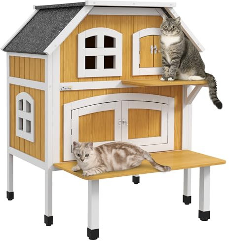 PawHut Outdoor Cat House, Wooden Cat Shelter 2 Tiers Feral Cat House with Openable Asphalt Roof, Escape Doors, Removable Panel, Terrace, Jump Platform, for 1-2 Cats - Yellow