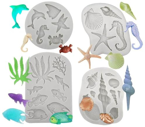 Winmiya 4Pcs Marine Theme Silicone Mould Set - Sea Shells and Mermaid Cake Decorating Tools for DIY Fondant, Chocolate, Candy, Soap