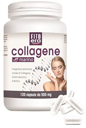 FITOERA Collagene Marino in 120 Cps – Tipo I e III con Acido Ialuronico, Biotina e Vitamina D3 – Bellezza di Pelle, Capelli e Unghie – Piccole Capsule Facili da Assumere – Made in Italy