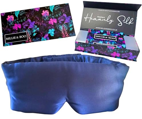 Millie & Boo Schlafmaske aus Seide, 100 % reine Bio-Maulbeere, 19 Momme Seide, Augenmaske zum Schlafen, bequeme marineblaue Augenmaske mit Gummiband, Luxus-Geschenkbox für Frauen und Reisende