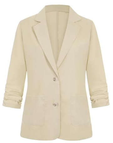 LADI TREND 3/4 Ruched Sleeve Womens UK Elegant Blazers Cotton Linen Jackets Suits Summer Outerwear Lightweight Top Suits Weddings Dates (Beige XL)