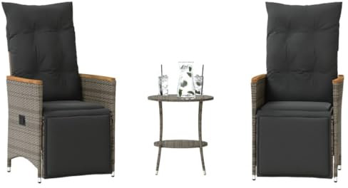 LAPOOH 3-TLG. Bistro-Set mit Kissen Grau Poly Rattan, Gartenset Tisch Und Stühle, Balkon Möbel Für Kleinen Balkon, Terrassenmöbel, Balkonset, Balkonmöbel, Möbelsets - 365679