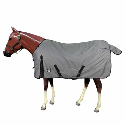 600D Ripstop-Pferde-Winterdecke, schwere Weide, 250 g Polyfill, wasserdicht & atmungsaktiv, Grau mit schwarzem Rand, Größe 72
