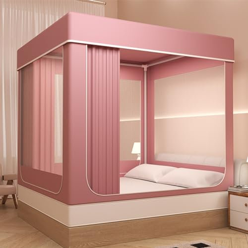 Dream Tent Betthimmel für Erwachsene und Kinder, Doppelgröße, 80 % Verdunkelung, privater Schlafplatz mit 3 Türen und atmungsaktivem Stoff, Rosa, Queen-Size-Betthimmel