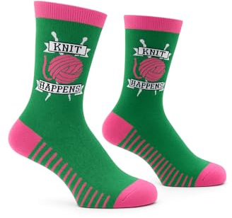 forsocksake Knitting Themed Novelty Socks Knit Happens Gift Socks for Knitters & Crochet Lovers, Women's Crew Socks, Green & Pink, UK Size 4–8