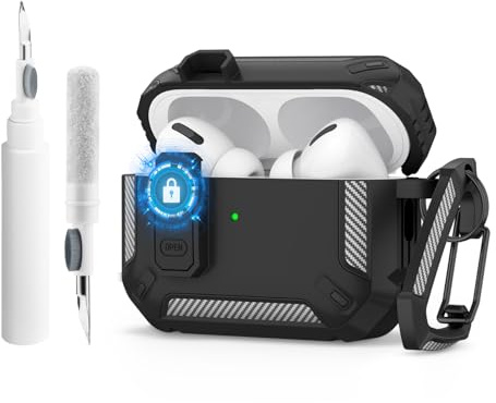 YLK Coque Compatible avec AirPods Pro/Pro 2 avec Kit de Nettoyage, Coque de Militaire, Coque Dure avec Serrure Anti-Choc Etui de Protection avec Porte-clés (Noir/Noir)