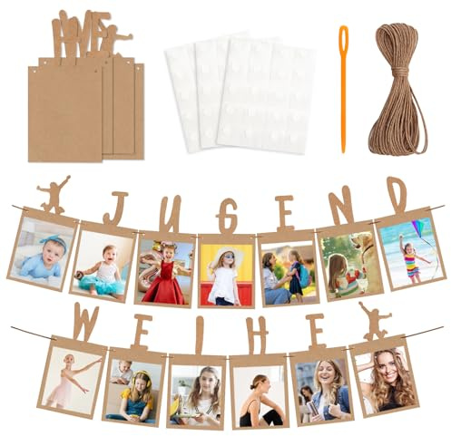 Jugendweihe Deko Neutral, Fotogirlande zur Jugendweihe Set, Gastgeschenke Jugendweihe Junge & Mädchen, 13 Kraftpapier Karten für Fotos, Hängende Wanddekoration, Jugendliche Schenken Geschenkideen