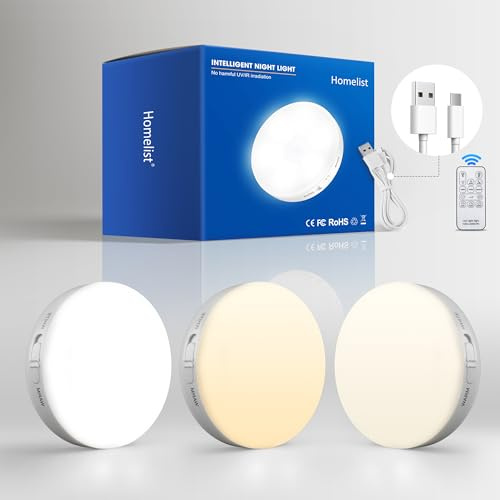 Homelist Motion Sensor Lights Indoor with Remote Control, 3 Pack Wireless Rechargeable Night Light LED Magnetic Stick on Wall Light, Battery Operated Stair Kitchen Cupboard Under Cabinet Puck Light