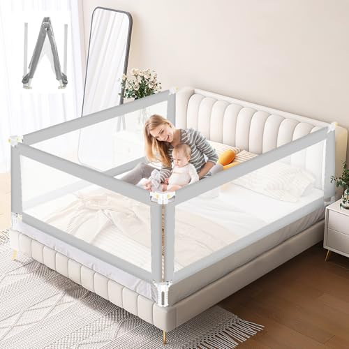 Ikodm Sänggaller, 150 cm, sänggaller, fallskydd, säng med U-formad bas, sängskydd, barnsäng, höjd 68 till 95 cm, för barn och föräldrarsängar, grå, 2 stycken
